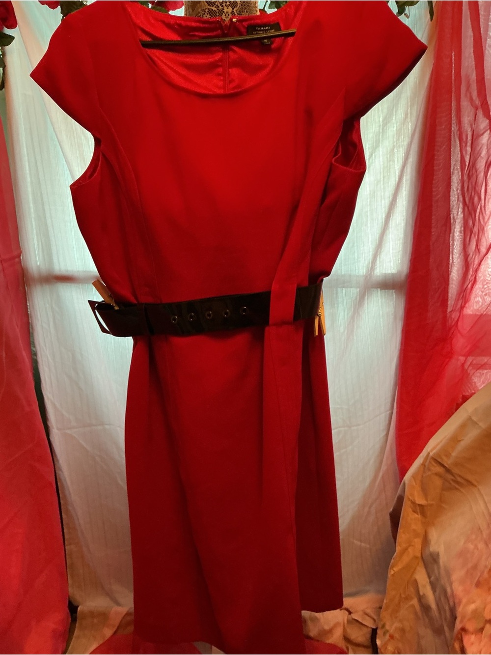 Tahari Red Belted Midi Dress